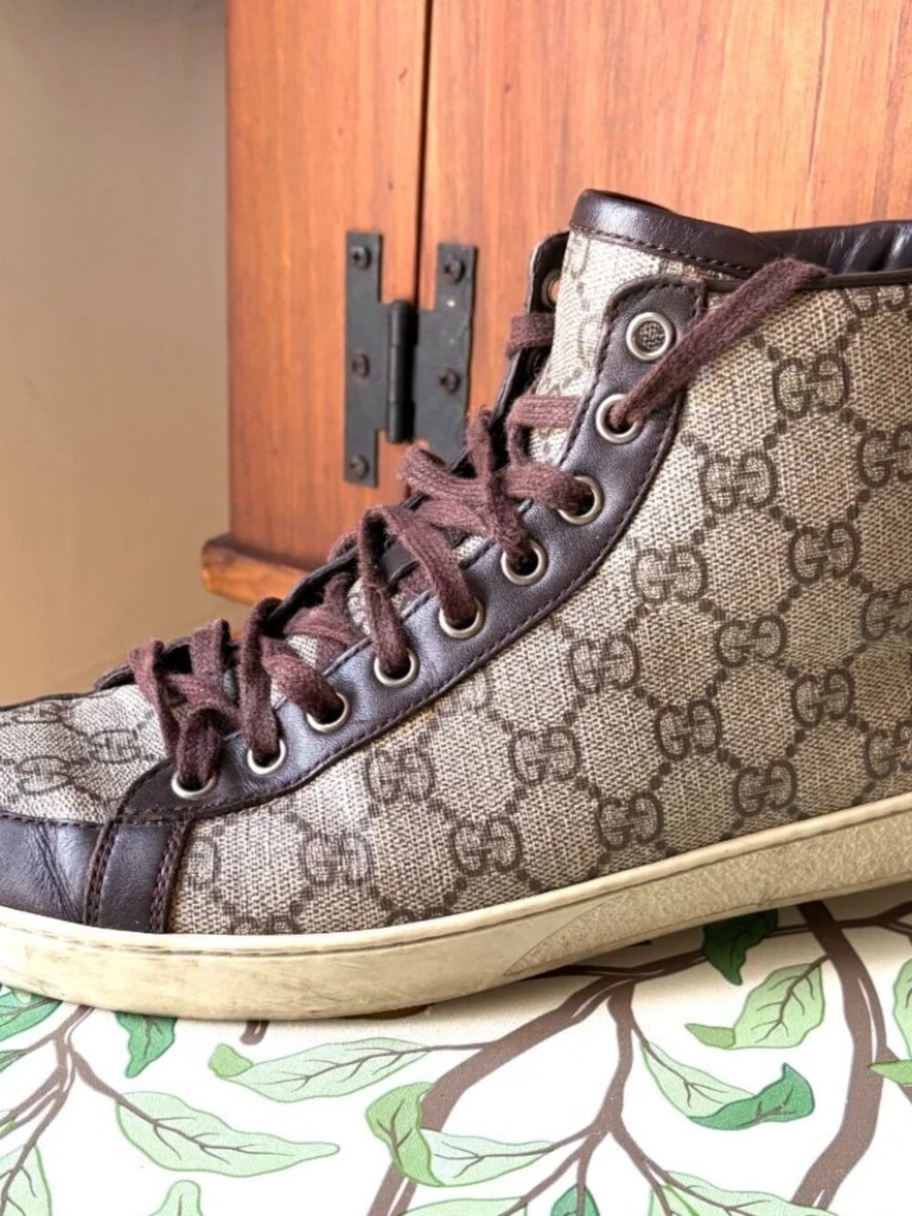 Gucci GG Supreme High Top Sneakers Men’s 7.5 Brown Monogram Canvas Shoes Italy